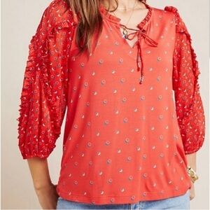 Maeve red orange dot ruffle balloon sleeve top jersey knit size small